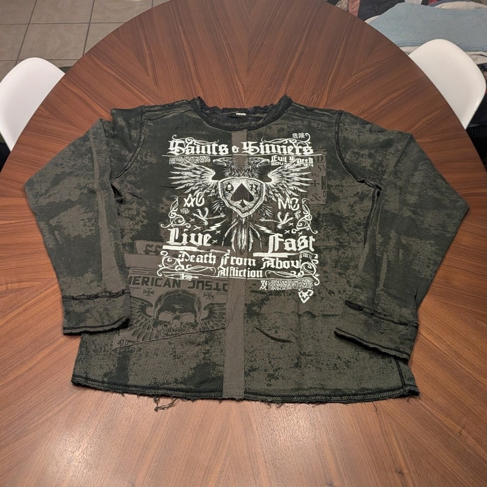 Affliction Thermal Shirt Mens XL Green EX Saints & Sinners Graphic Long Sleeve